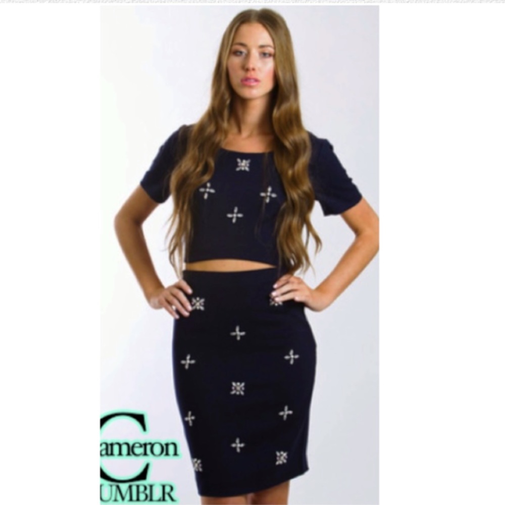 J.O.A. 2 Piece Matching Embellished Crop Knit + Skirt Set in Navy